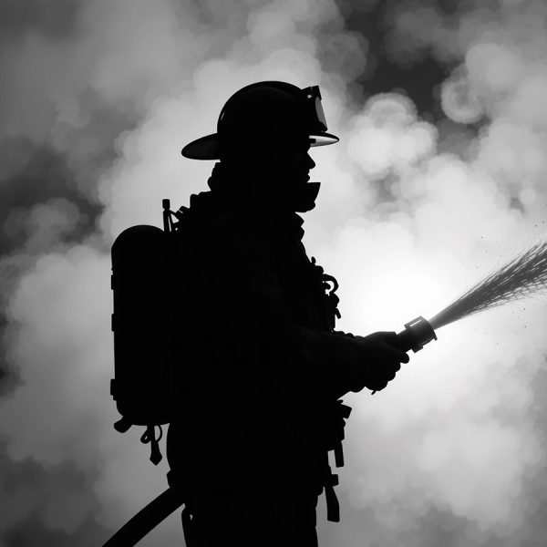 Courage Under Pressure: A firefighter silhouette bravely confron