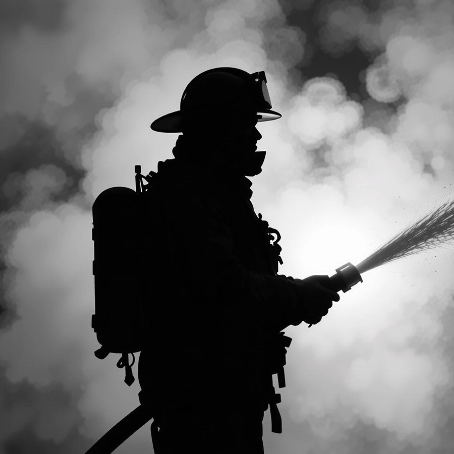 Courage Under Pressure: A firefighter silhouette bravely confron